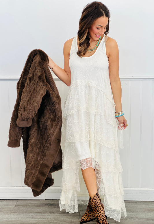 Cream Tiered Lace Asymmetric Mini/Maxi Dress (Reg & Plus)