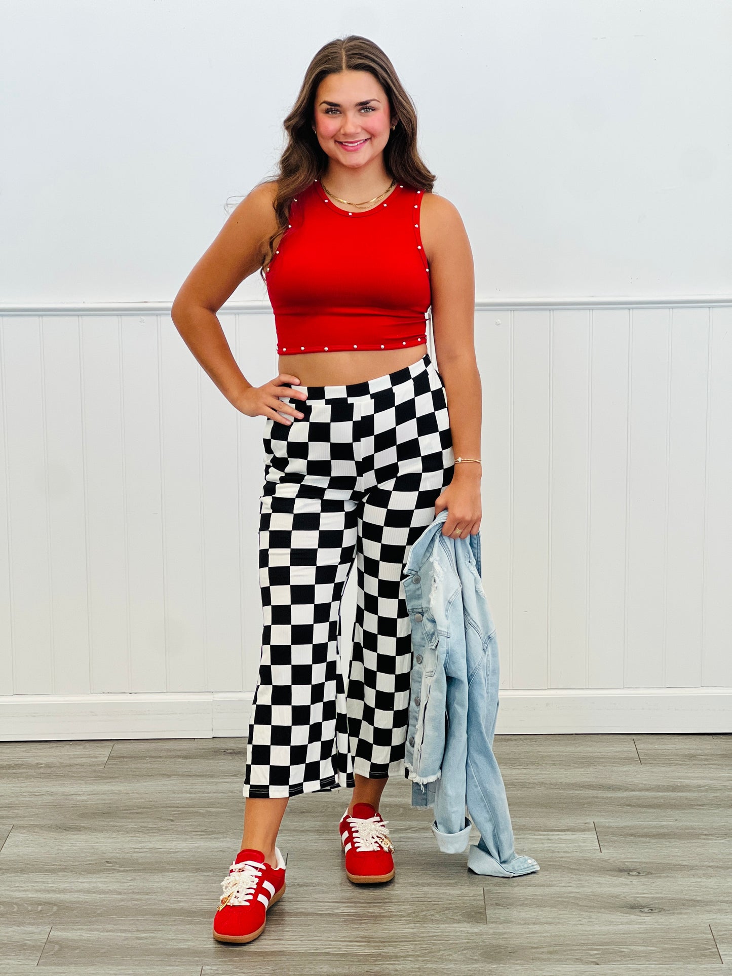 Checkered Print Top and Pants Set (Reg. and Plus)