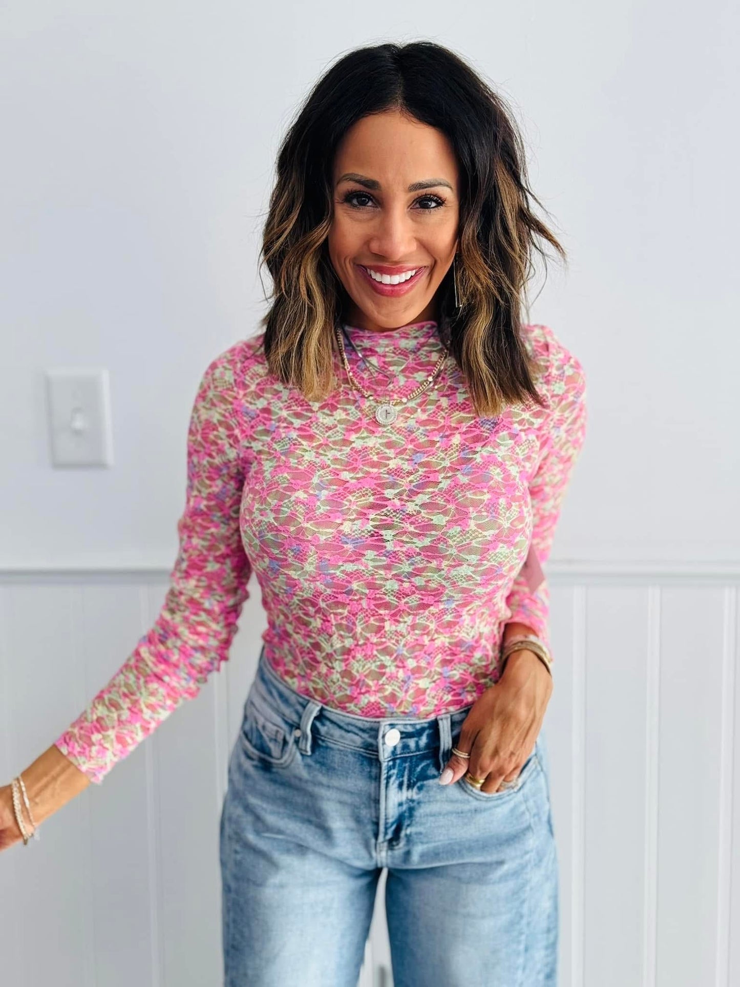 Pink Multi Printed Lace Mesh Top (Reg. and Plus)