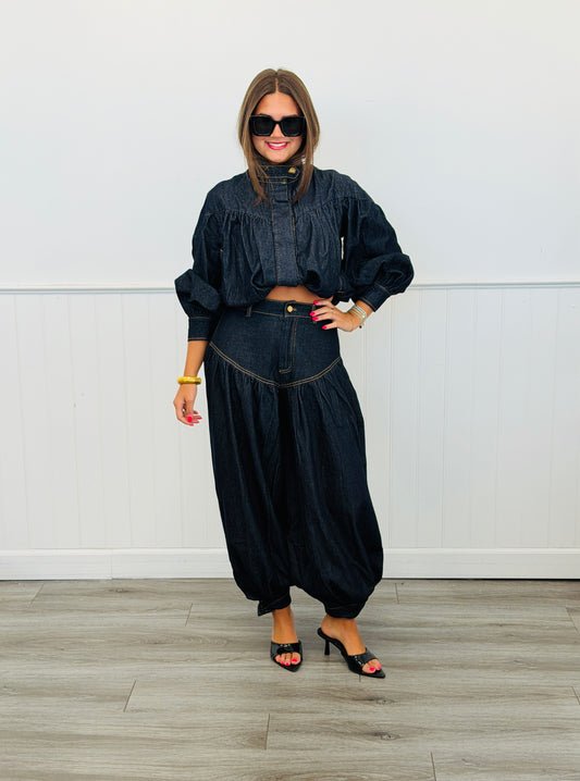 Denim Pleated Bubble Hem Top & Pants Set (Reg.)