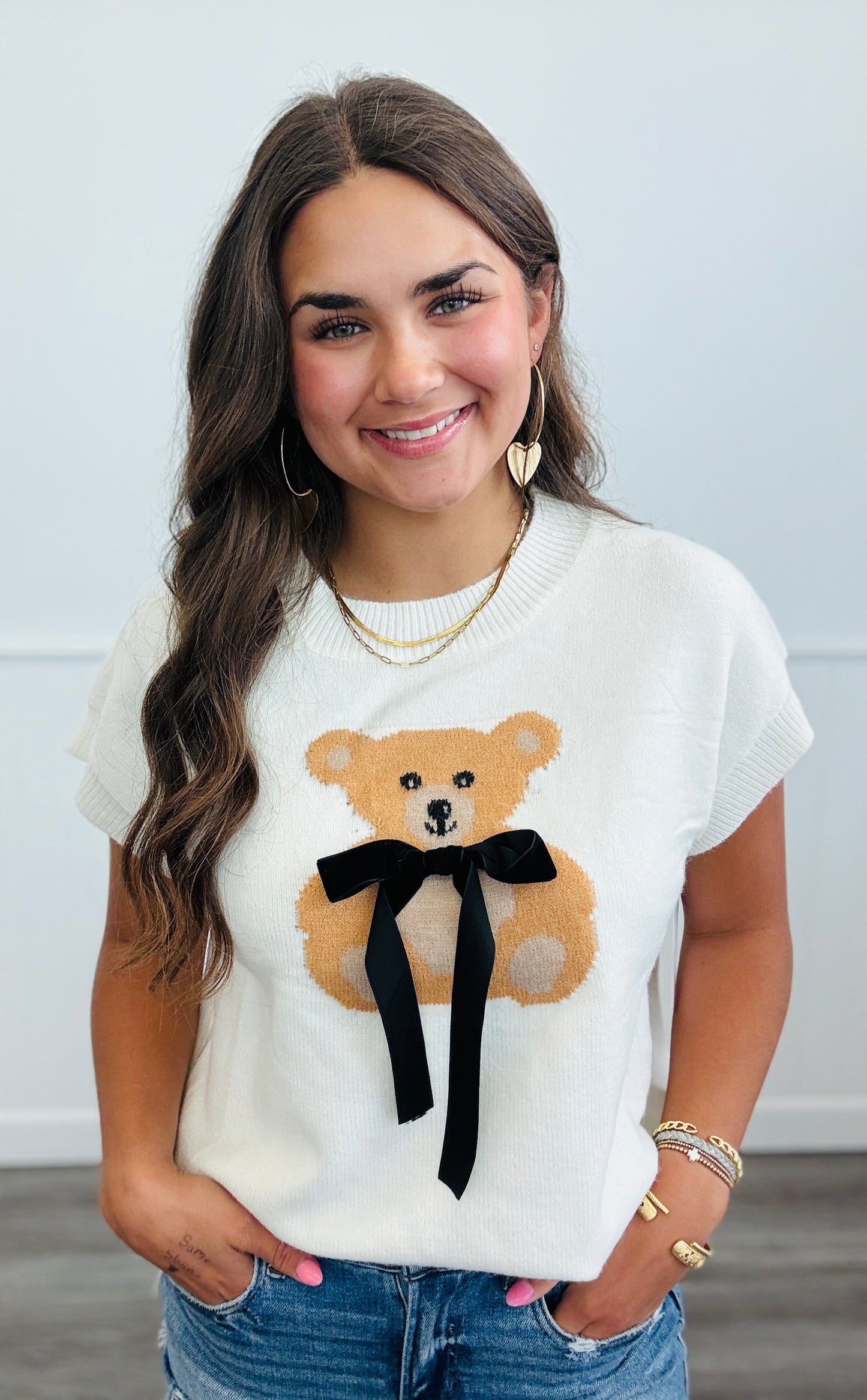 Ivory Teddy Bear With Ribbon Sweater Top (Reg.)