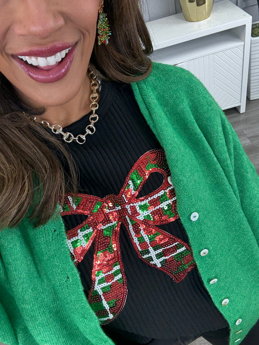 Black Sequin Bow Long Sleeve Top (Reg. and Plus)