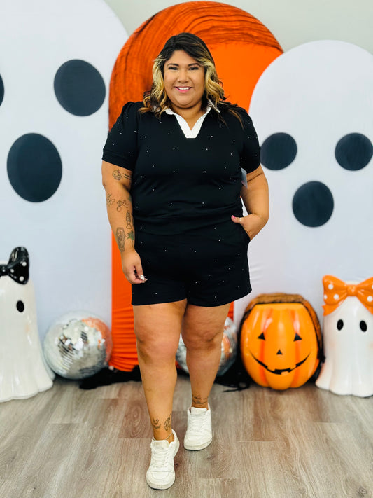 Black Twinkling Rhinestone Top & Short Set (Reg & Plus)