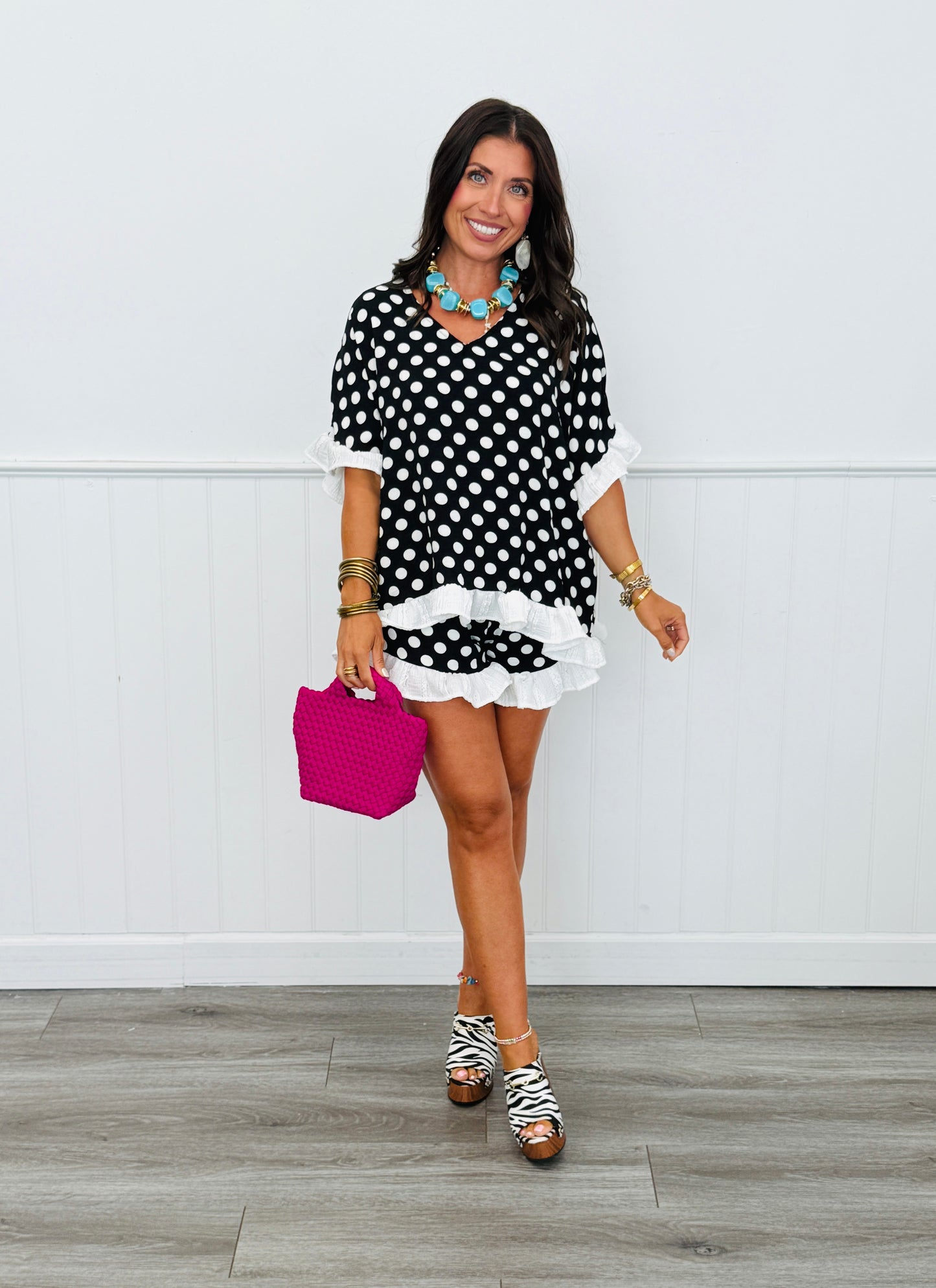 Black Polka Dot Ruffle Hem Blouse (Reg. and Plus) - 2 Colors
