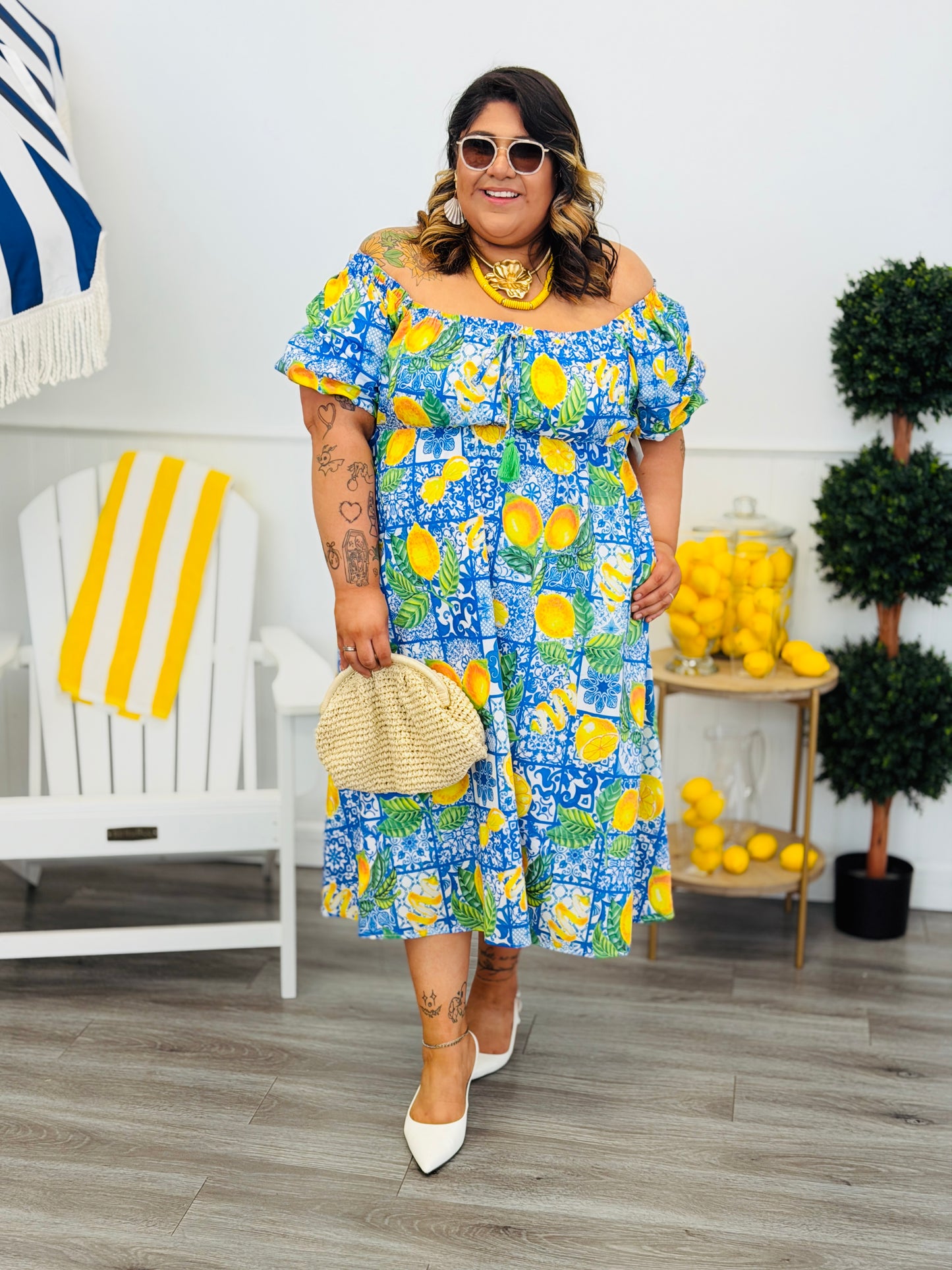 Santorini Blue Lemon Print Midi Dress (Reg & Plus)
