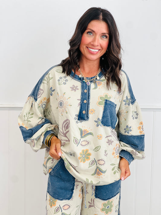 Ecru Mineral Washed Floral Print Top (Reg & Plus)