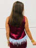 Burgundy Satin Sleeveless Feather Trim Blouse (Reg.)