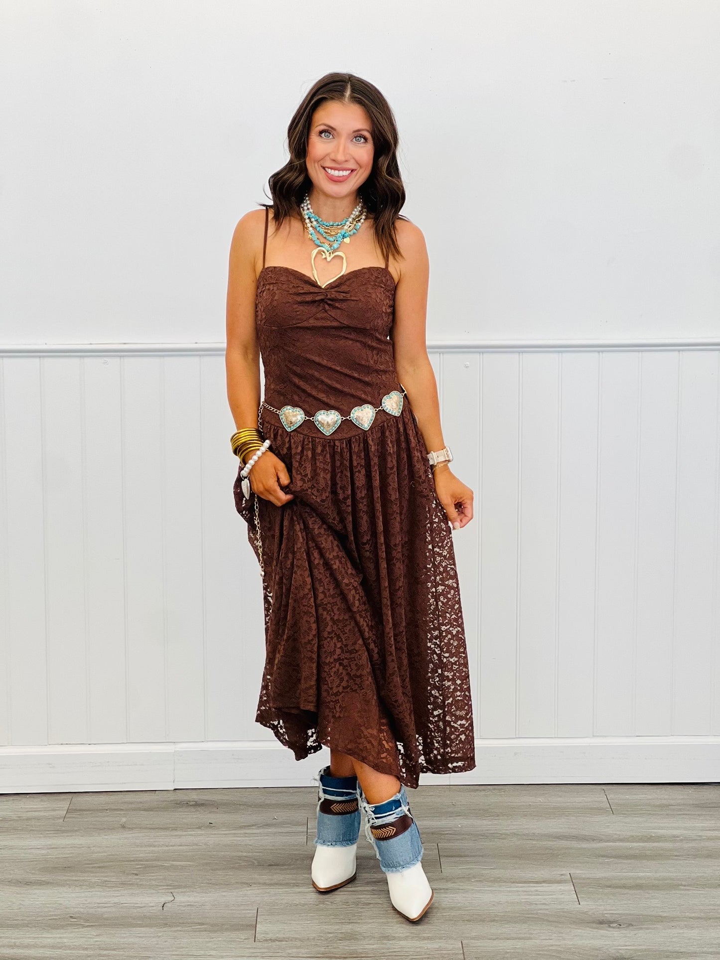 Brown Lace Overlay Strappy Maxi Dress (Reg.)
