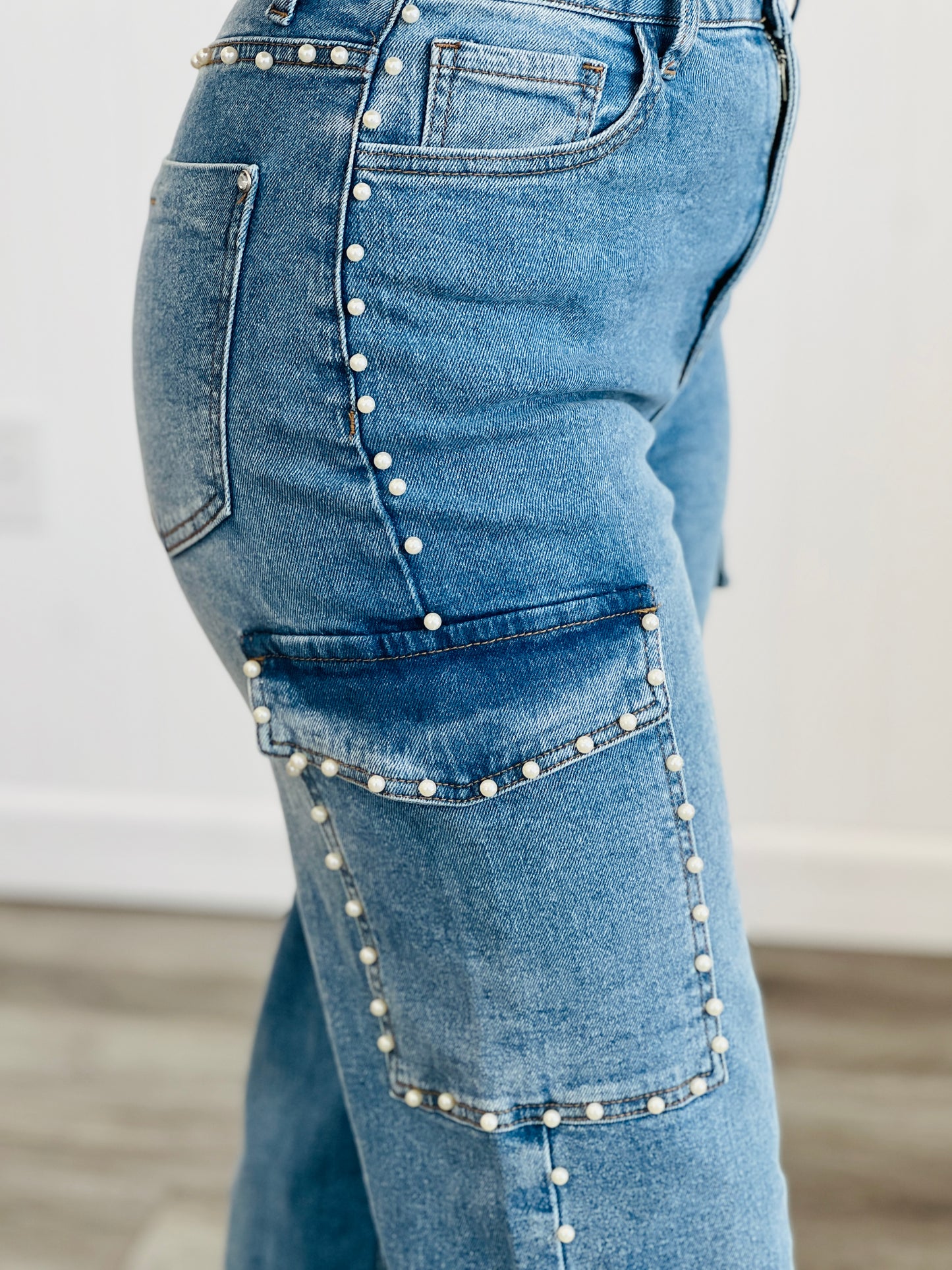 Medium Denim Pearl Studded Wide Leg Cargo Jeans (Reg.)