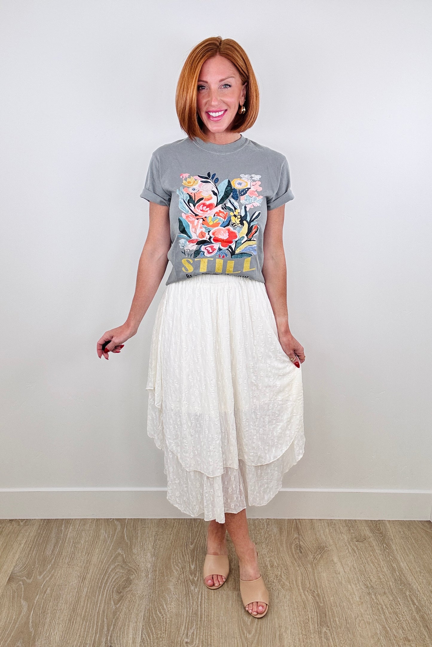 Cream Shark Bite Hem Midi Skirt (Reg & Plus)