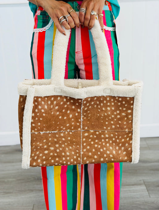 Faux Suede Fawn Tote with Sherpa Trim