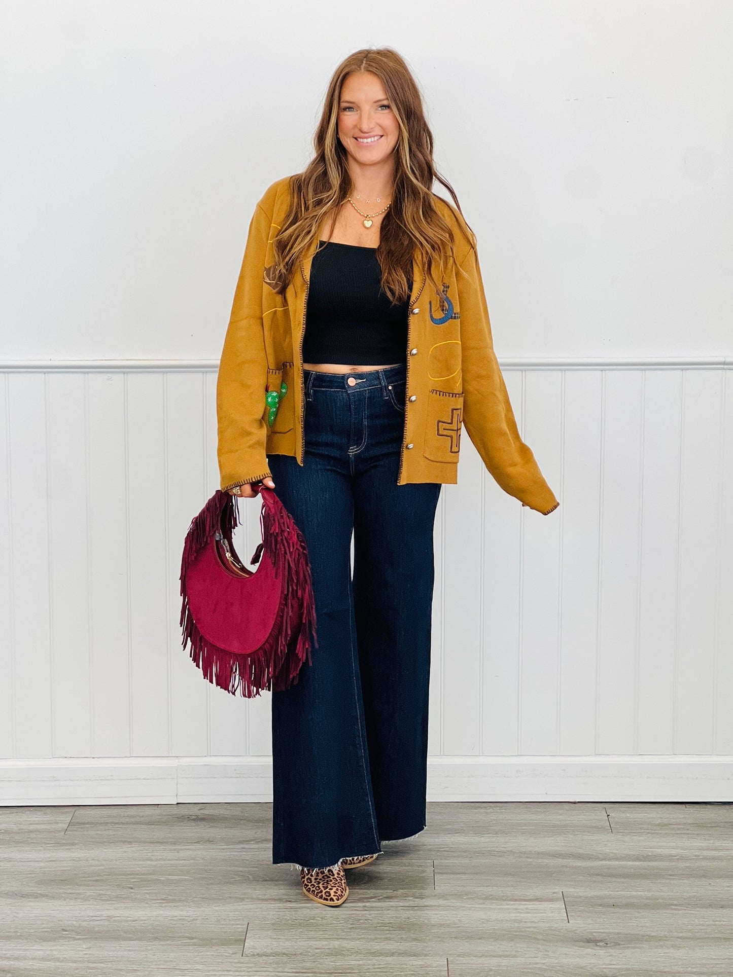 Camel Shawl Collar Western Embroidery Cardigan (Reg.)