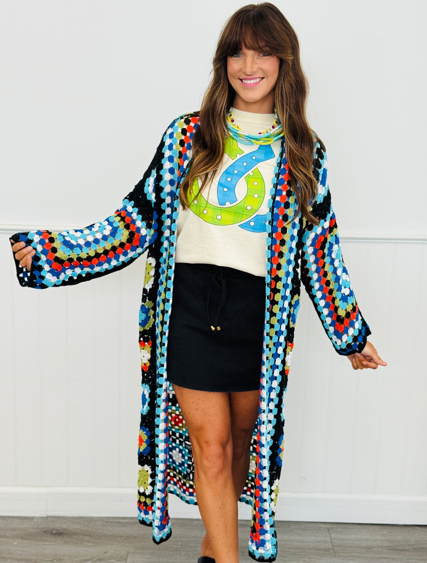 POL Black Crochet Square Maxi Cardigan (OS)