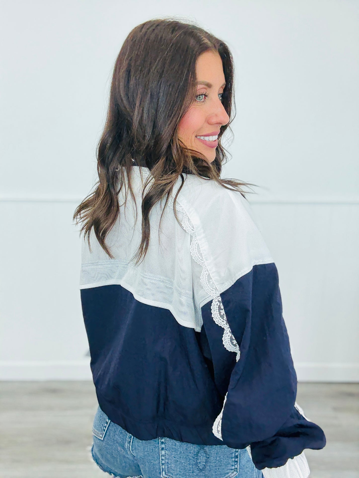 Navy Lace & Mesh Insert Zip Up Jacket (Reg.)