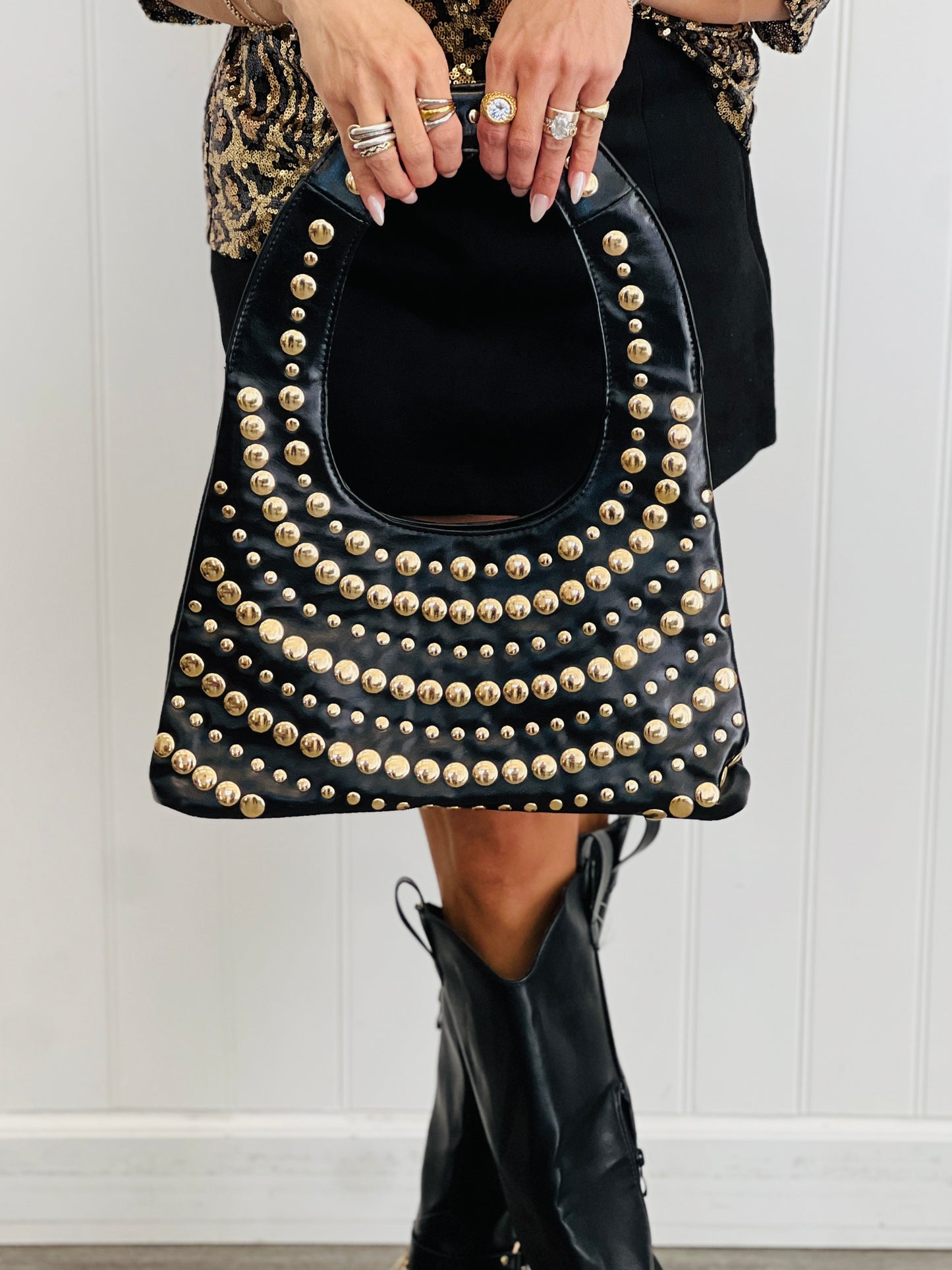 Studded Faux Patent Leather Shoulder Bag (2 colors)