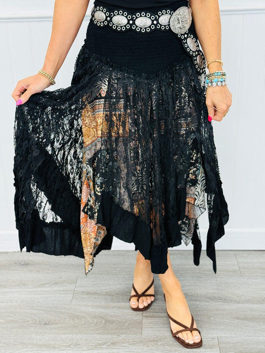POL Black Print & Lace Front Slit Maxi Skirt (Reg.)
