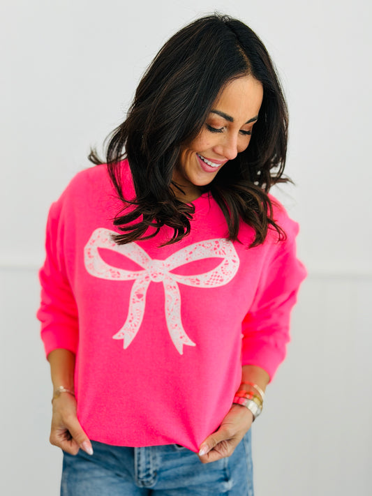 Pink Lace Bow Sweatshirt (Reg. and Plus)