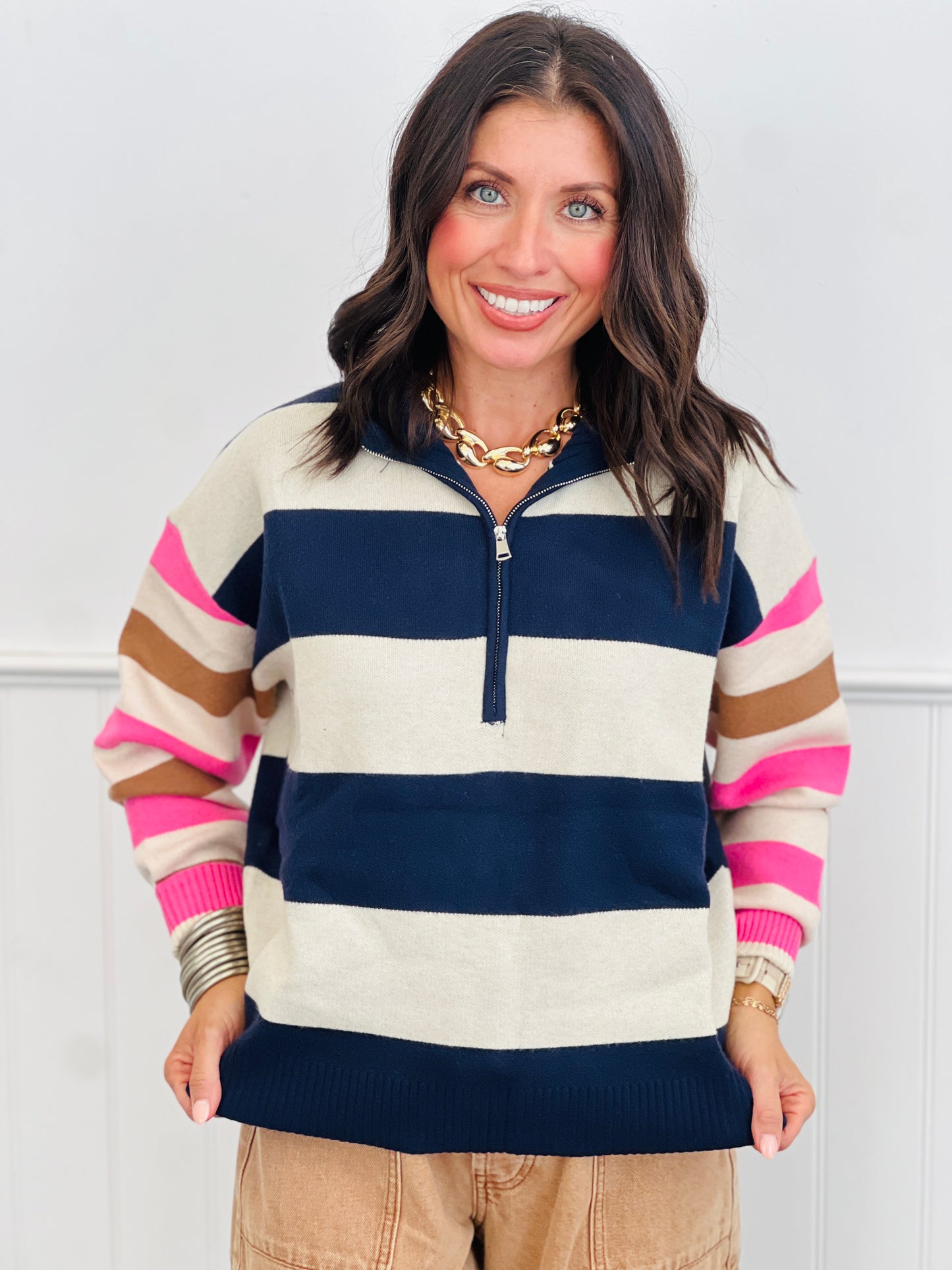 Oatmeal/Navy Striped Half Zip Top (Reg. and Plus)