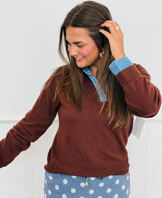Chocolate Denim Trim Sweater Top (Reg & Plus)