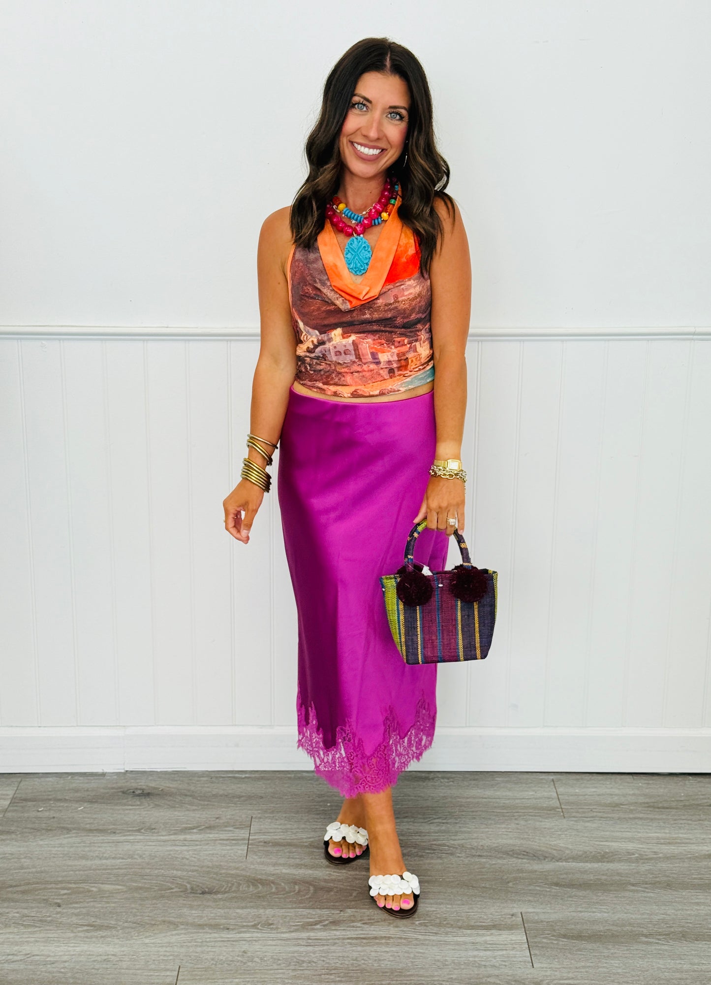 Magenta Satin Midi Slip Skirt (Reg.)
