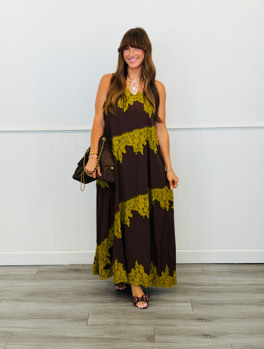 Chocolate Contrast Lace Strappy Maxi Dress (Reg.)