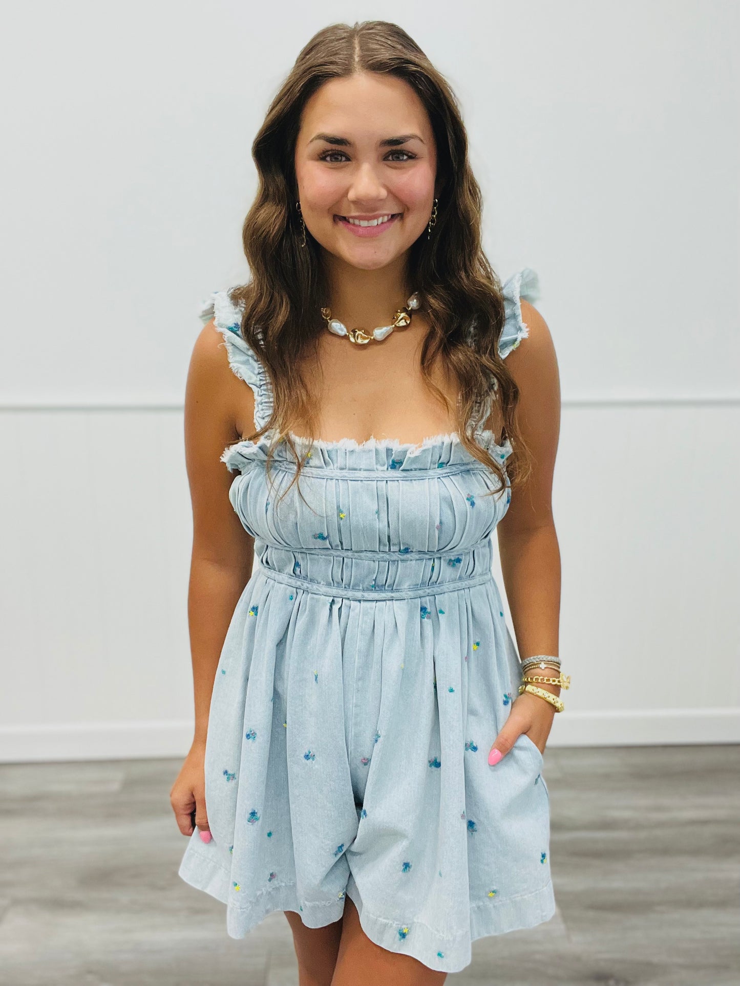 Denim Ditsy Floral Embroidery Romper (Reg)