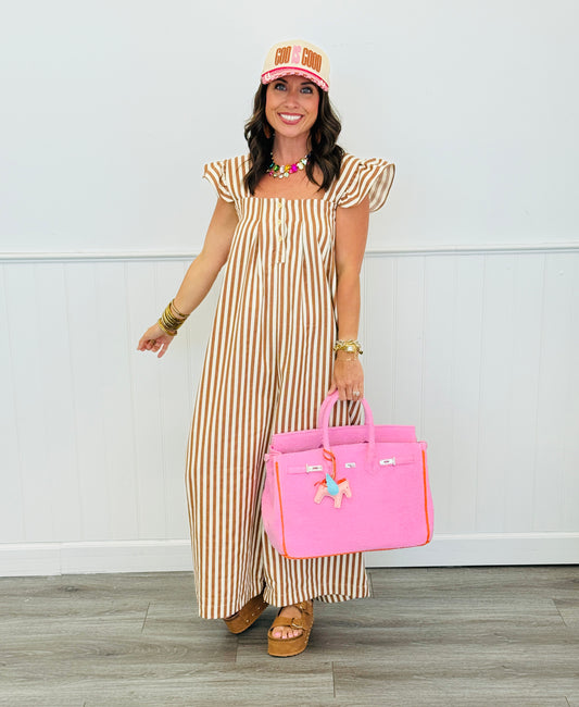 Brown Stripe Ruffled Sleeve Jumpsuit (Reg & Plus)