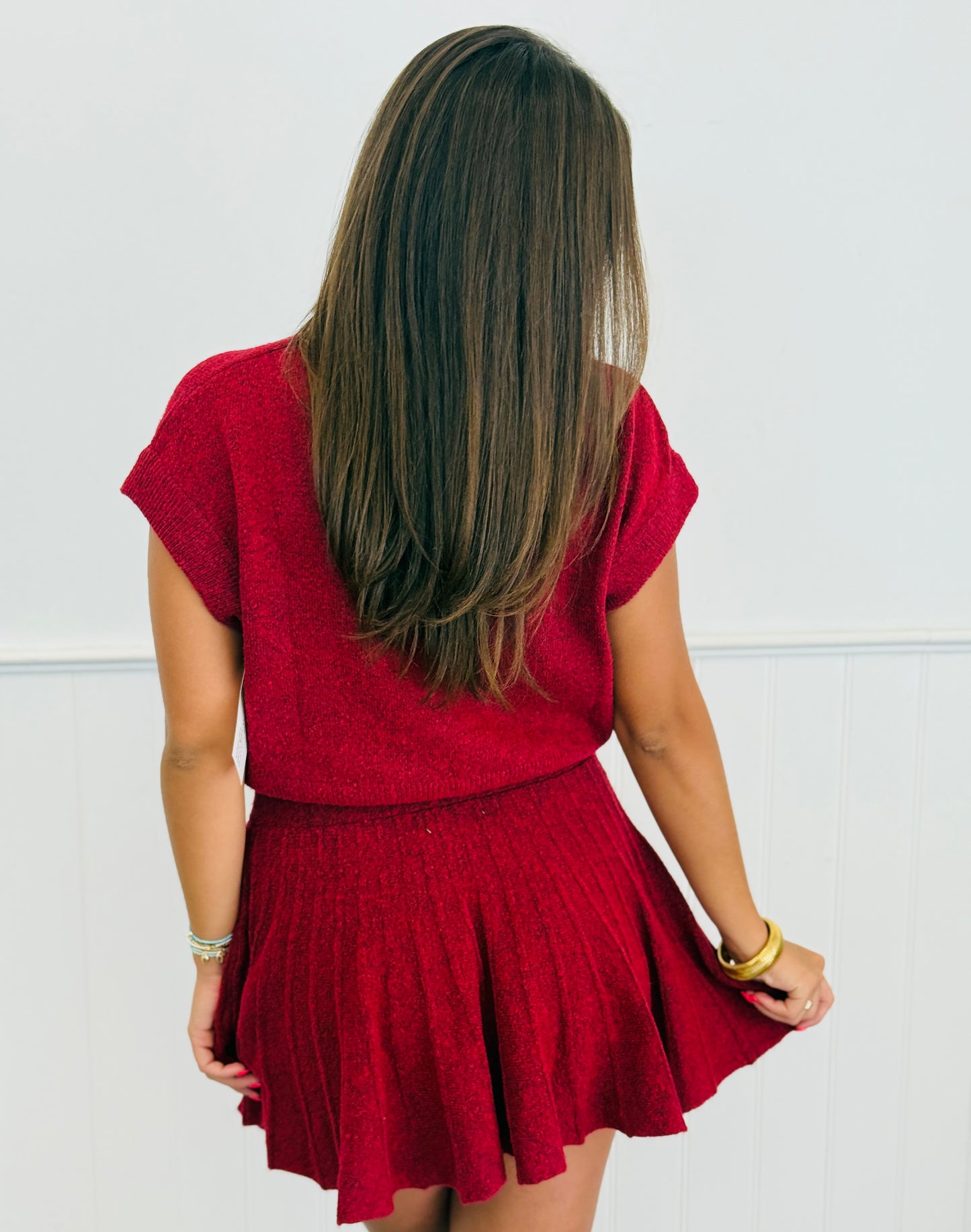 Red Turtleneck Sweater & Pleated Mini Skirt Set (Reg.)