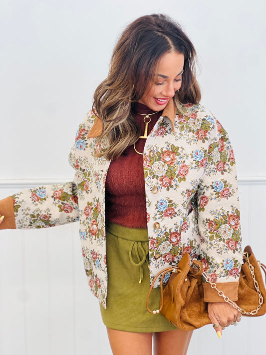 Ecru Floral Corduroy Contrast Collar Jacket (Reg.)