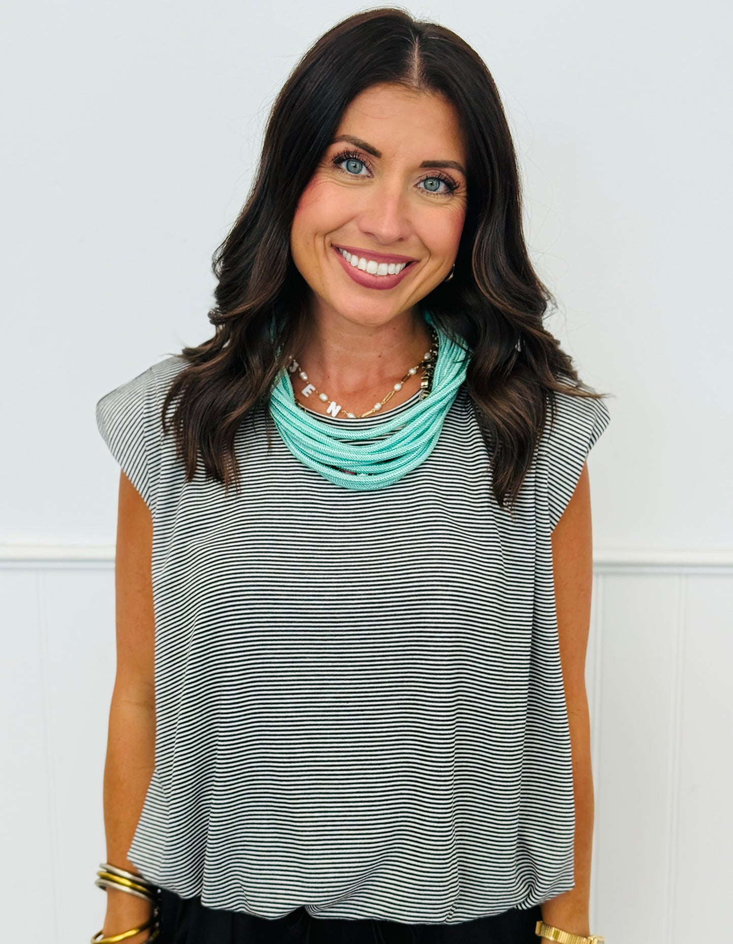 Striped Shoulder Pad Top (Reg & Plus)- 2 Colors