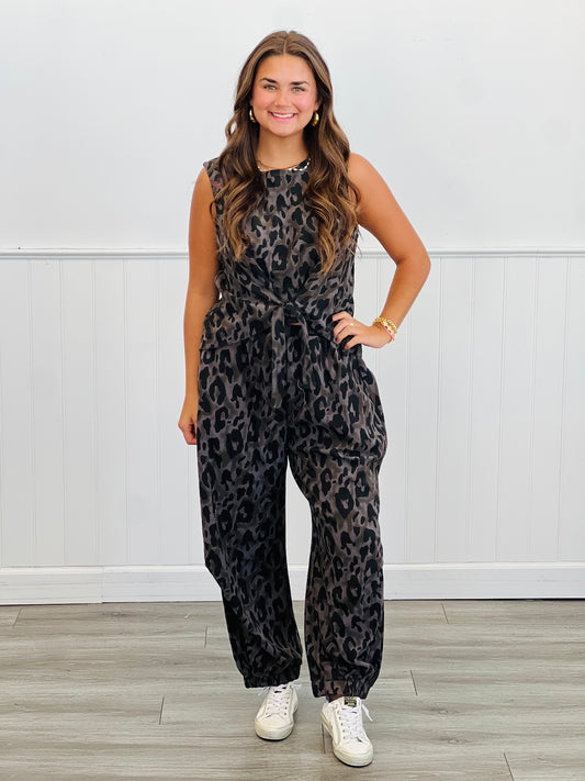 Black Leopard Cinch Detailed Pants Set (Reg & Plus)