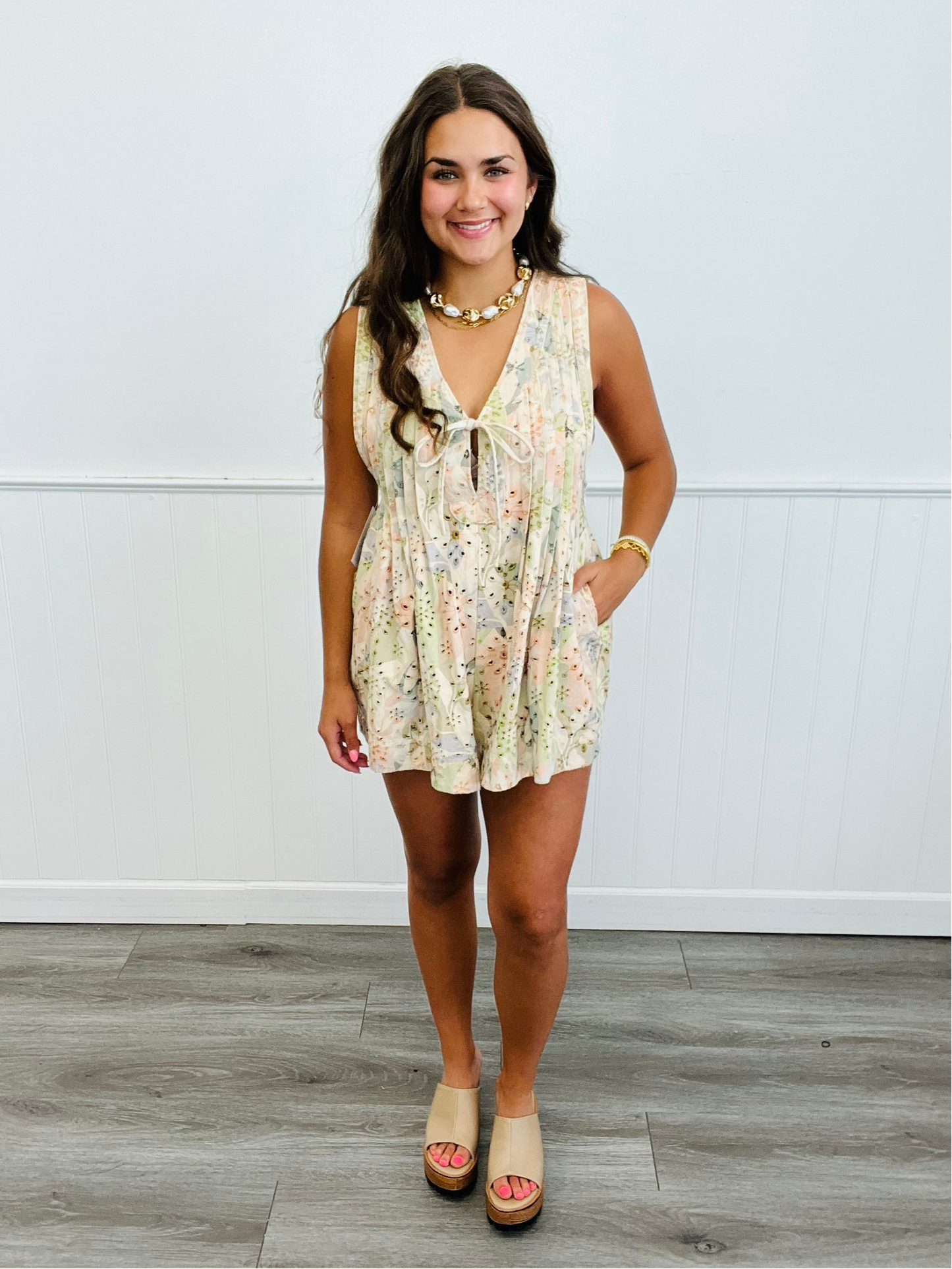 Peach Multi Floral Delicate Eyelet Romper (Reg. & Plus)
