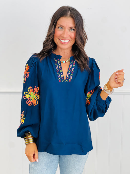 Navy Floral Embroidery Blouse (Reg. and Plus)
