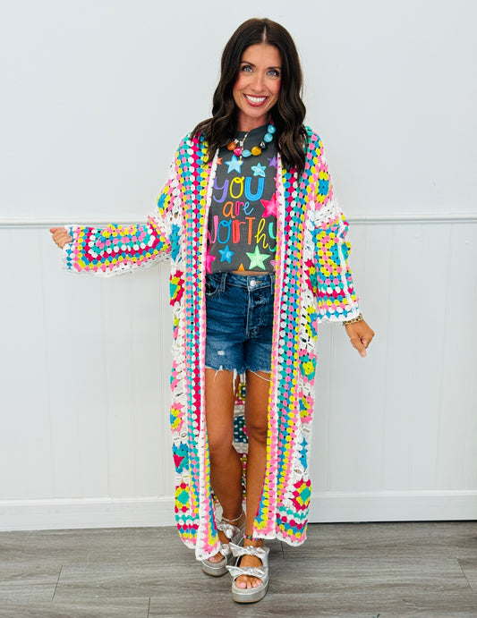 Neon Multi Crochet Longline Cardigan (One Size)