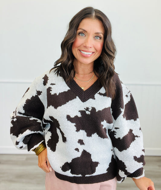 Ivory/Brown Cow Print Sweater Top (Reg & Plus)