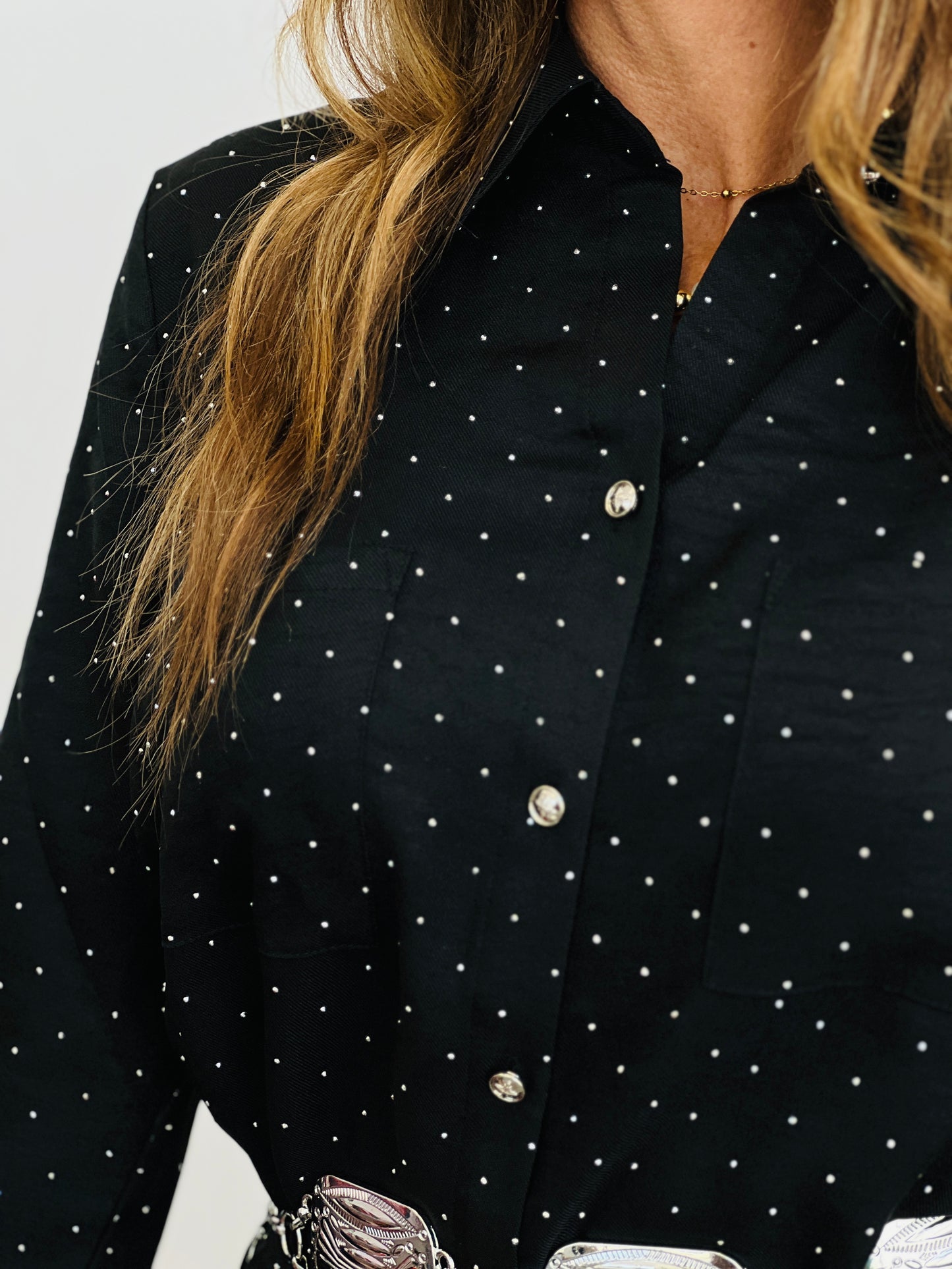 Black Rhinestone Button Down Mini Dress (Reg. and Plus)