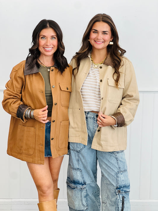 Contrast Faux Leather Denim Jacket (Reg.)-2 Colors