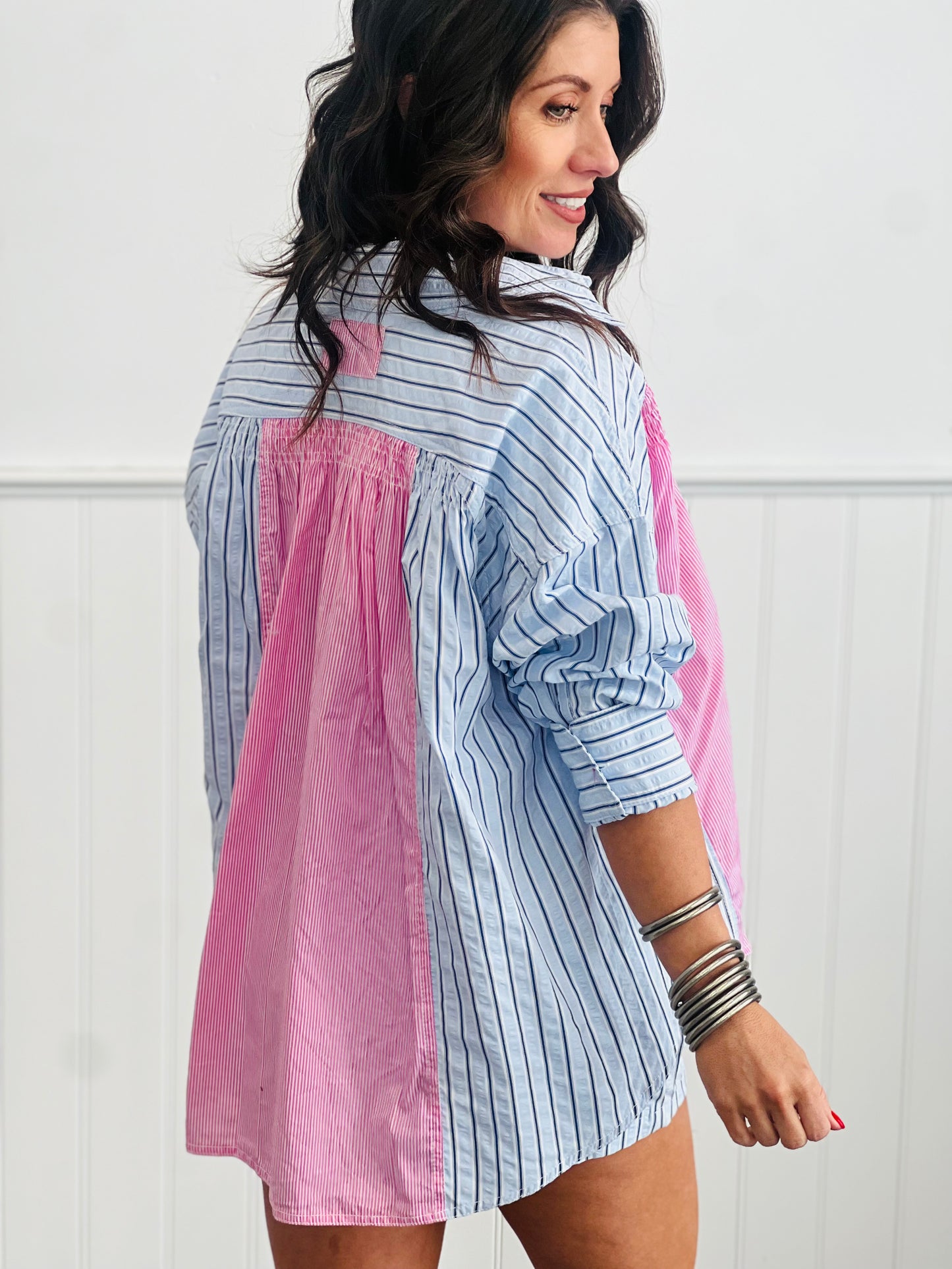 Blue/Pink Mixed Shirring Striped Shirt (Reg)