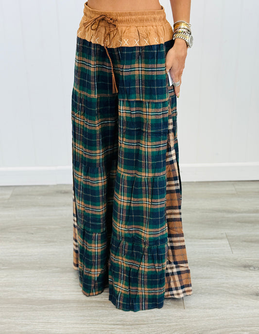 Green Multi Plaid Contrast Suede Pants (Reg & Plus)