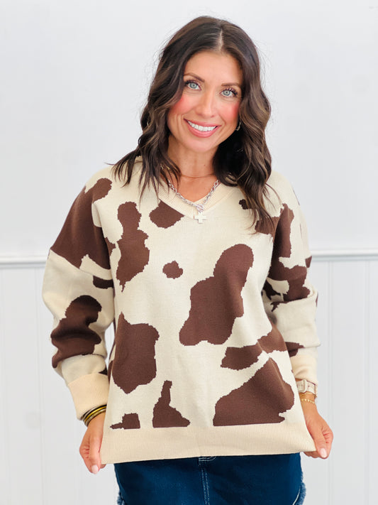 Cream/Brown Cow Print Sweater (Reg.)