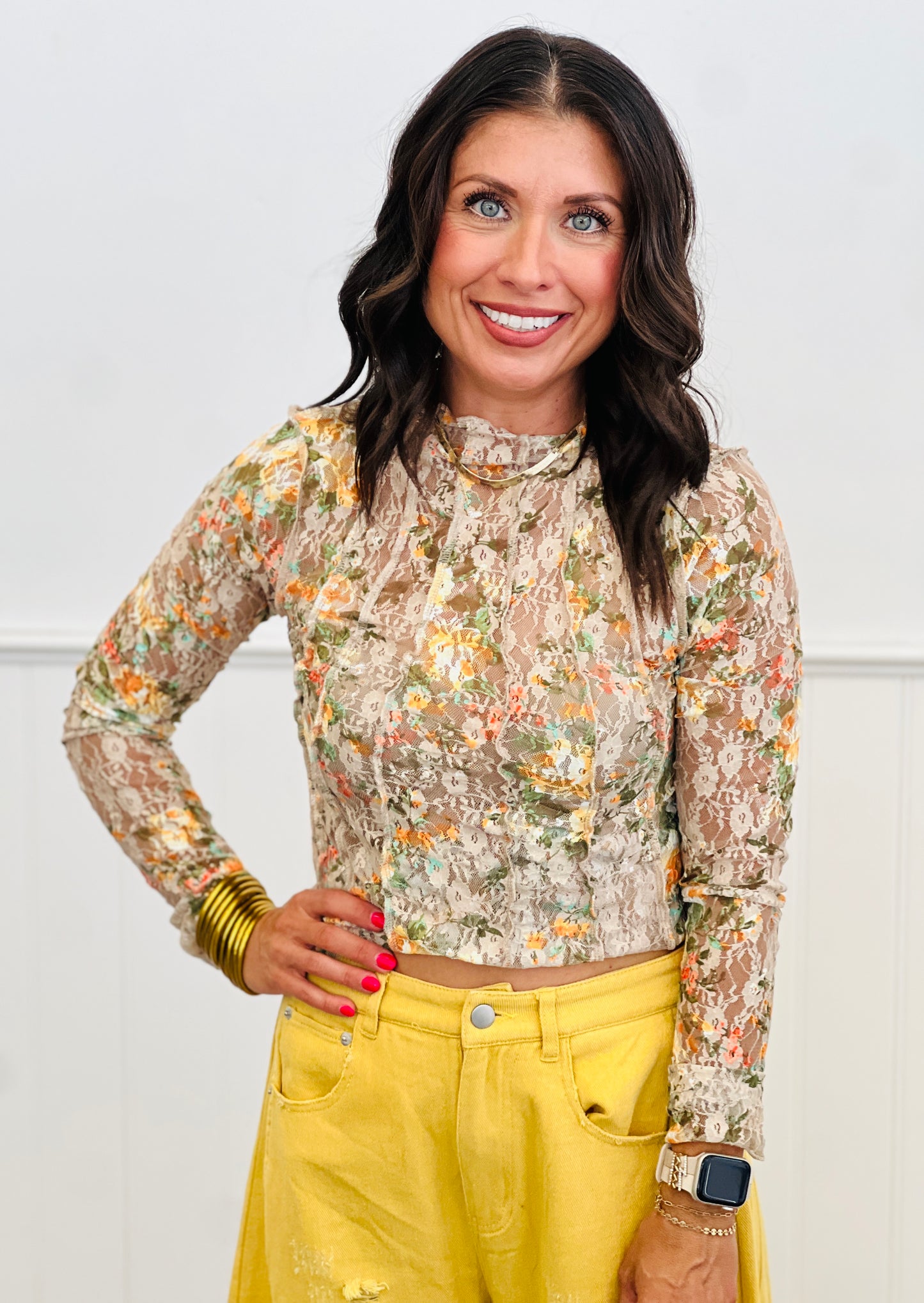 Taupe Multi Floral Mesh Top (Reg & Plus)