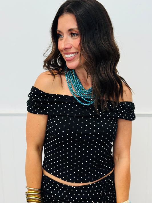 Black/Cream Polka Dot Shirred Off Shoulder Blouse (Reg.)