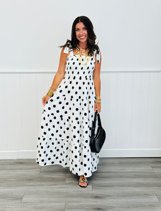 White/Black Polka Dot Tiered Maxi Dress (Reg & Plus)