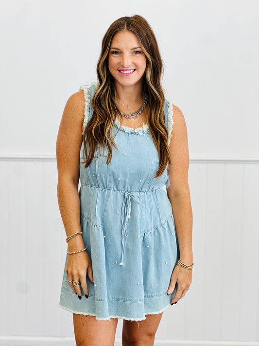 Light Denim Pearl Studded Mini Dress (Reg.)