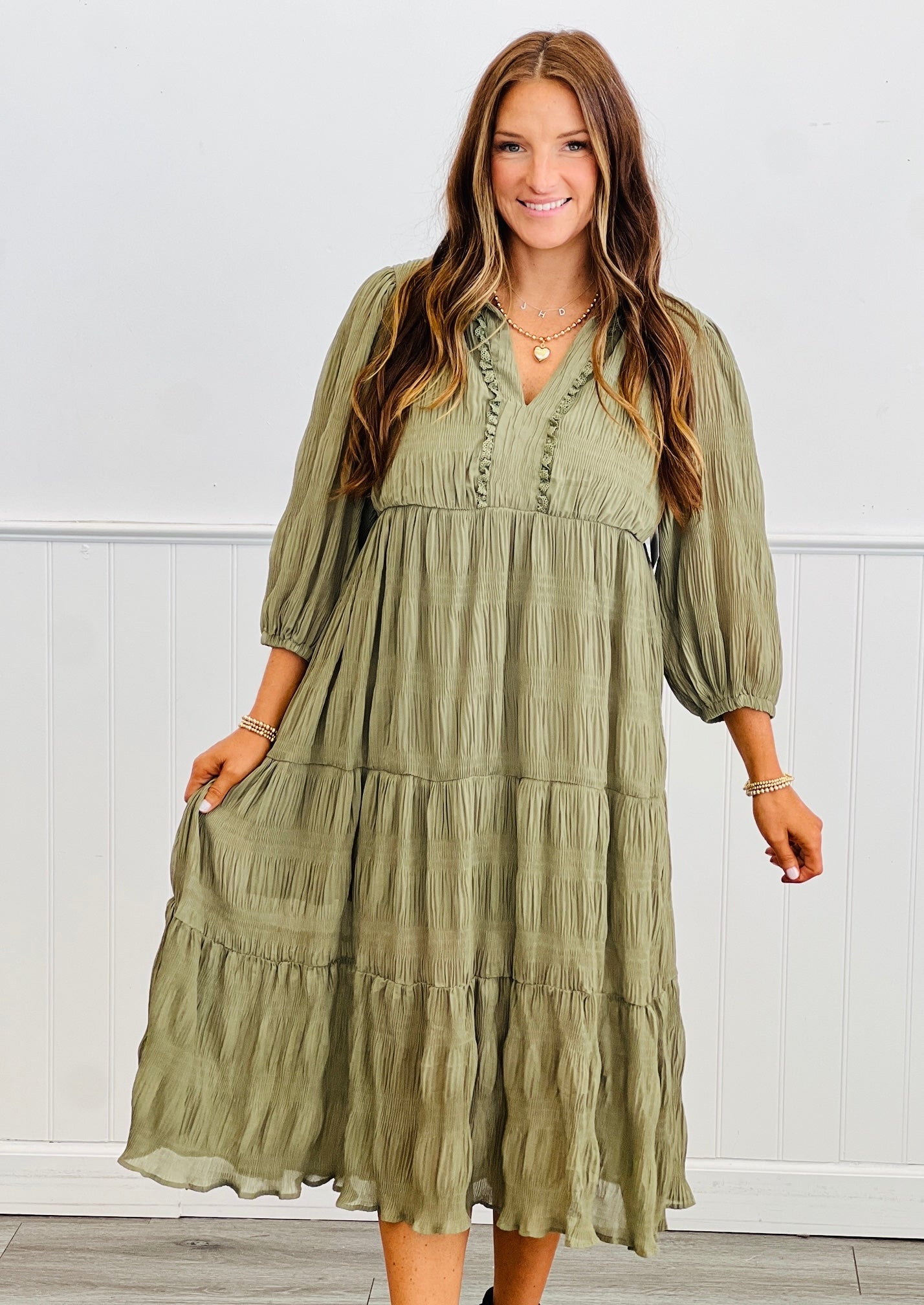 Olive Tiered Balloon Sleeve Midi Dress (Reg. and Plus)
