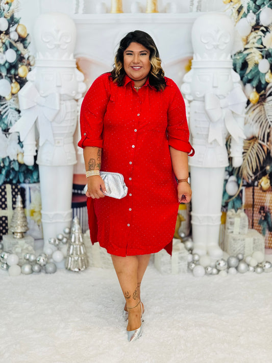 Red Sparkle Midi Shirt Dress (Reg & Plus)