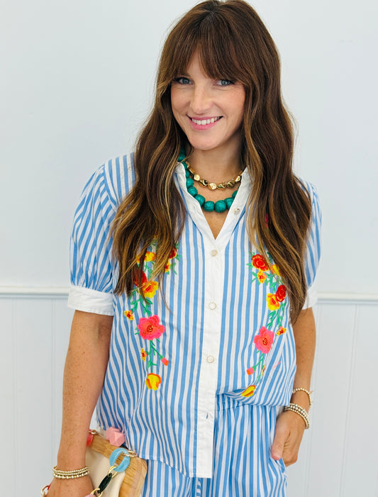 Blue Mix Striped Floral Embroidered Blouse (Reg.)