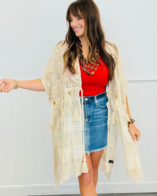 POL Natural Loose Weave Tassel Midi Cardigan (Reg.)