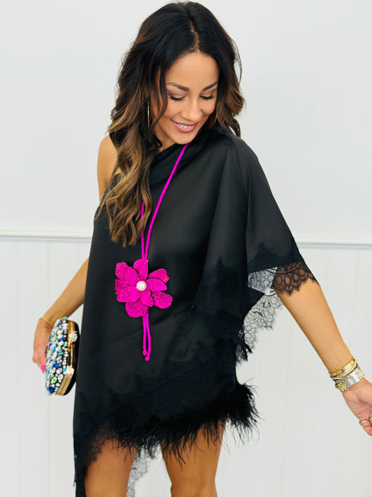 Black Asymmetrical Lace Hem Blouse (Reg.)