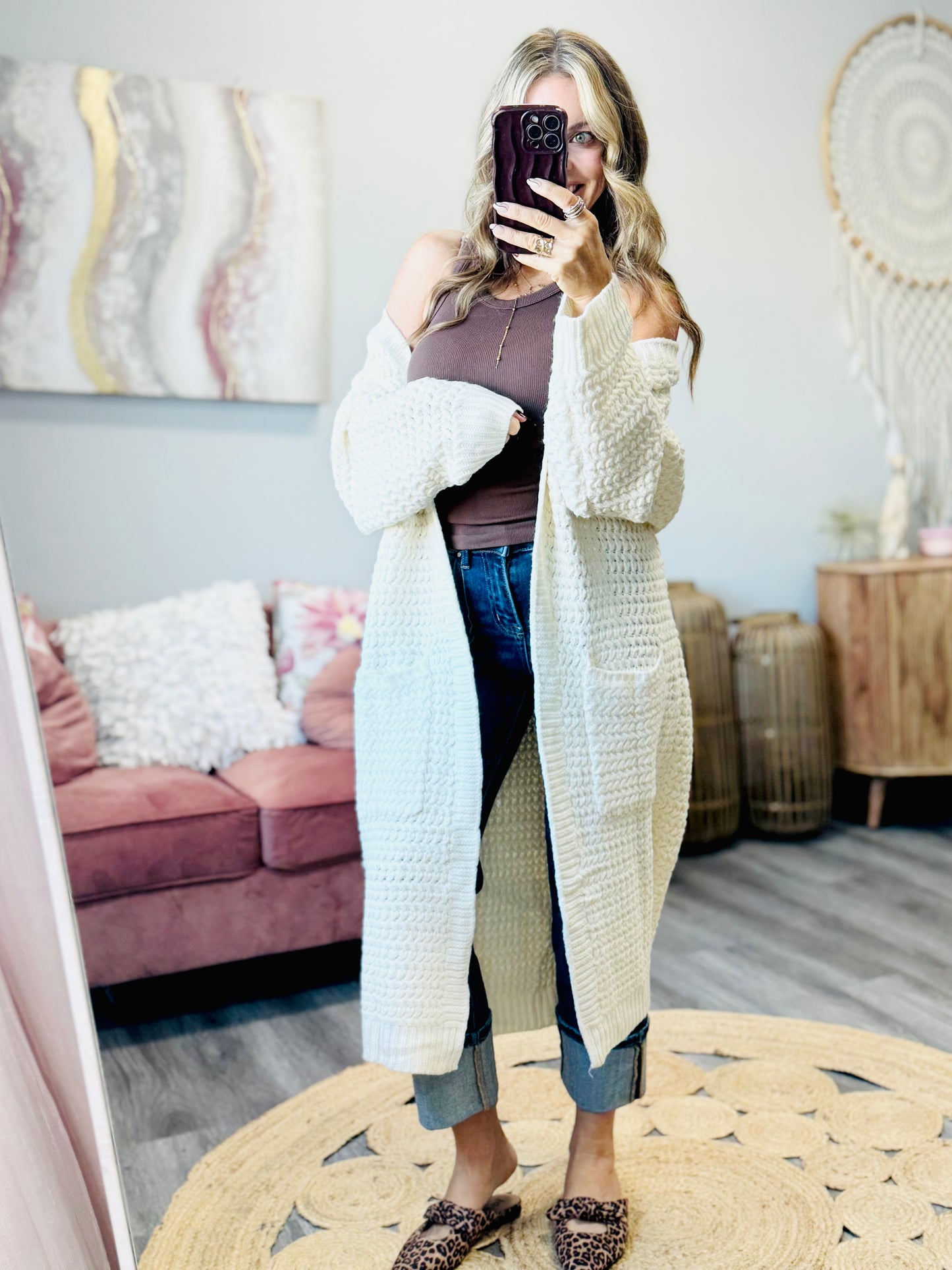 Cream Longline Waffle Knit Cardigan (Reg.)